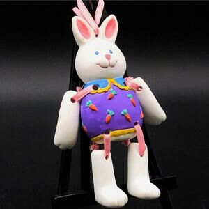 Vtg Papel Ceramic Ornament Hand Painted 4" Articulated Easter Bunny Purple Dress